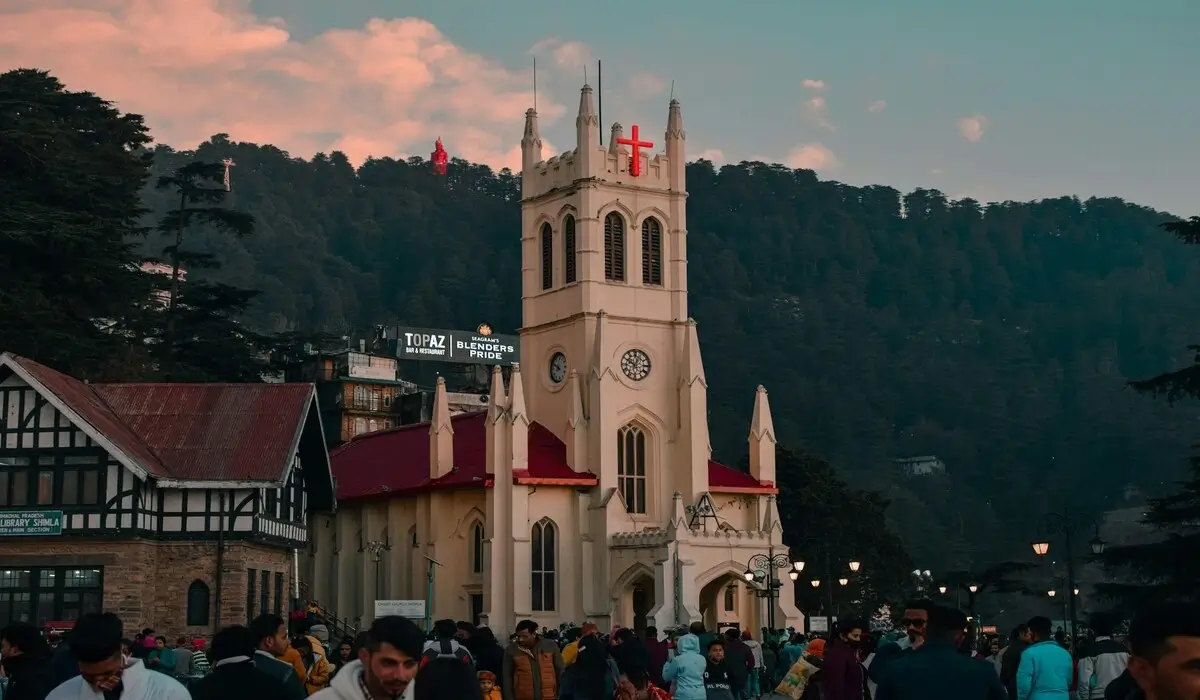 Colonial architecture and Mall Road in Shimla hill station during summer