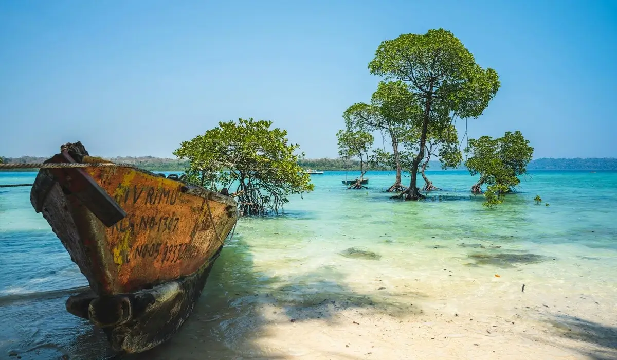 Crystal clear turquoise water and white sand beaches of Andaman Islands