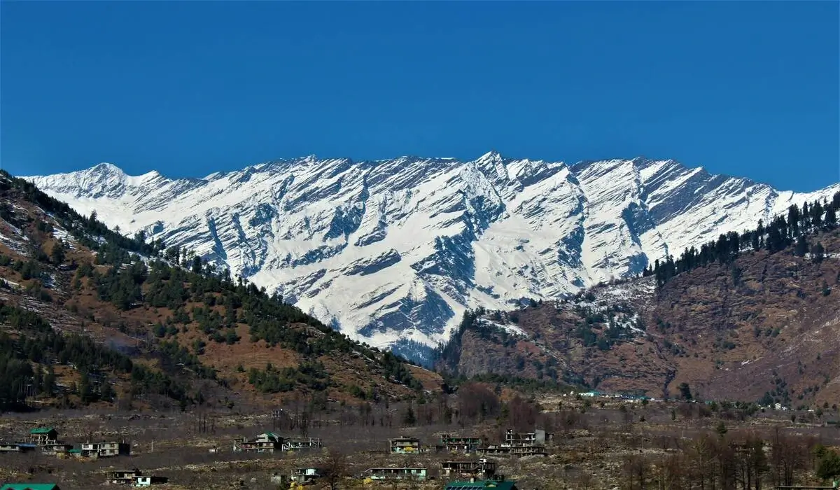 Lush green Kullu Valley and snow peaks around Manali in April