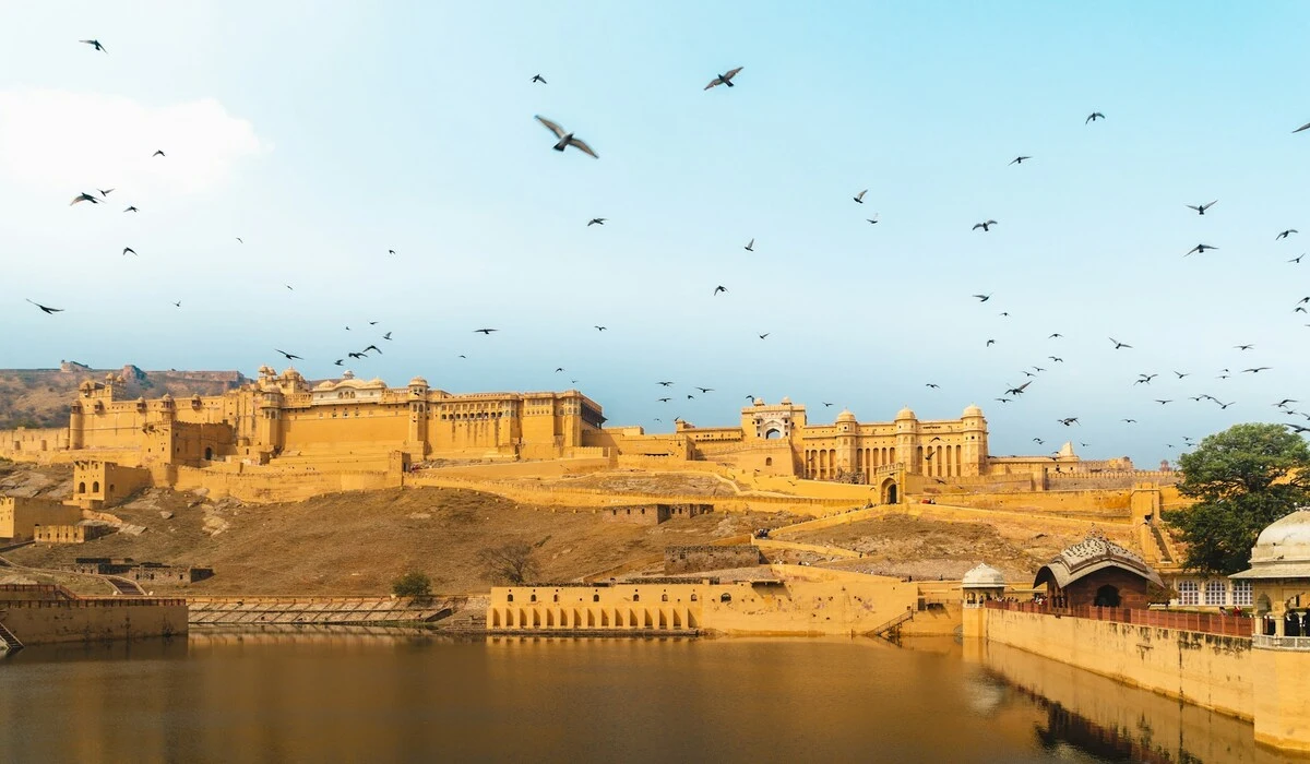 Amber Fort Jaipur illuminated by warm February sunlight with clear blue skies