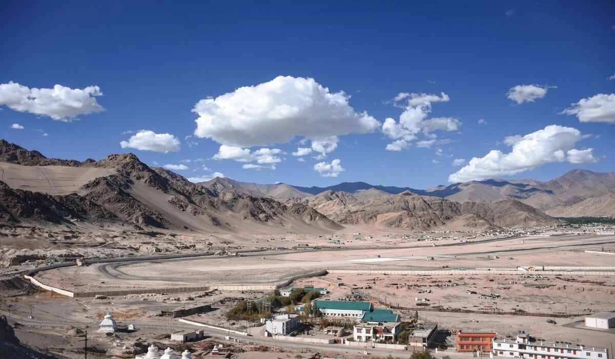 Ladakh landscape in September with clear blue skies Pangong Lake and snow capped Himalayan peaks