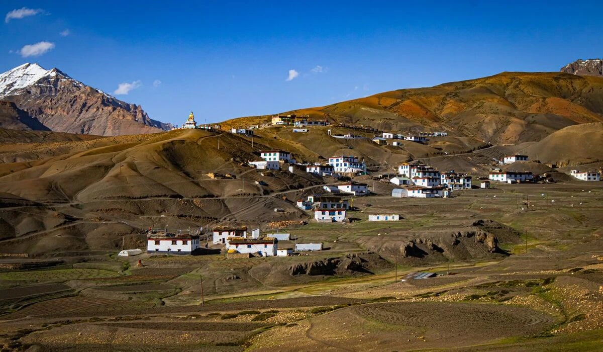 Spiti Valley in September with Key Monastery barren Himalayan landscape and clear blue skies